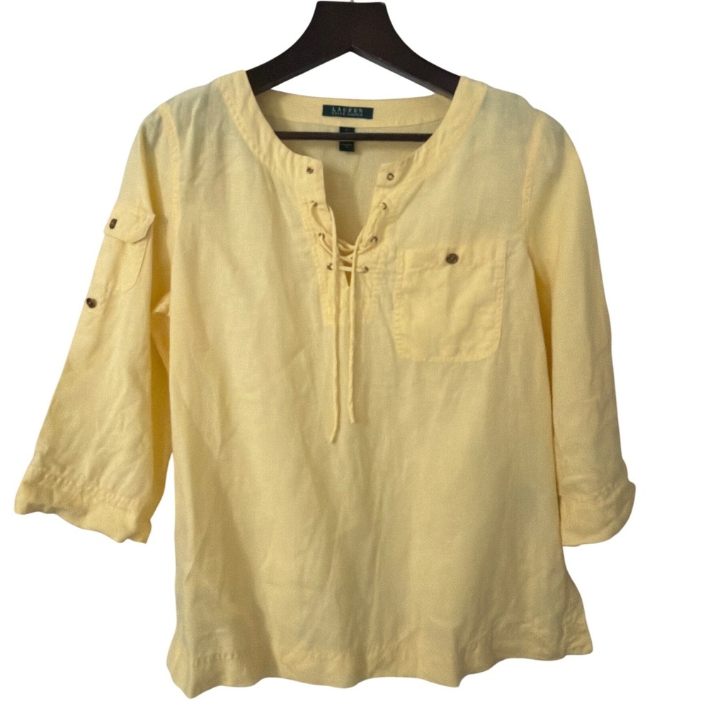 Lauren Ralph Lauren Yellow 100% Linen Lace Up Blouse Top Womens‎ Large